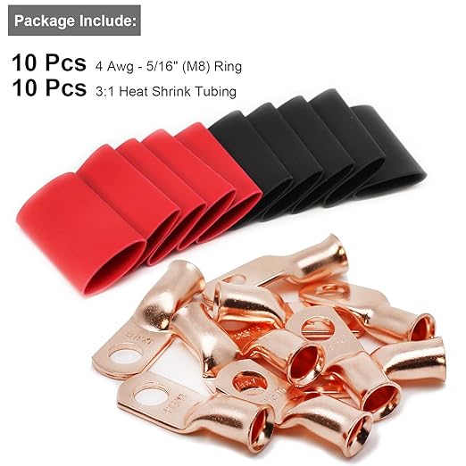 10pcs 4 Awg - 5/16" (M8) TKDMR Wire Lugs Ring Terminal Connectors Ends, UL Listed Heavy Duty for Battery Cable Lug Wire Electrical Eyelets with 3:1 Dual Wall Adhesive Heat Shrink