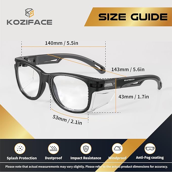 KOZIFACE E52 Anti-Fog Safety Glasses, ANSI Z87.1 Eye Protection with Side Shields, Clear Lens, Lightweight for Work, Lab DIY