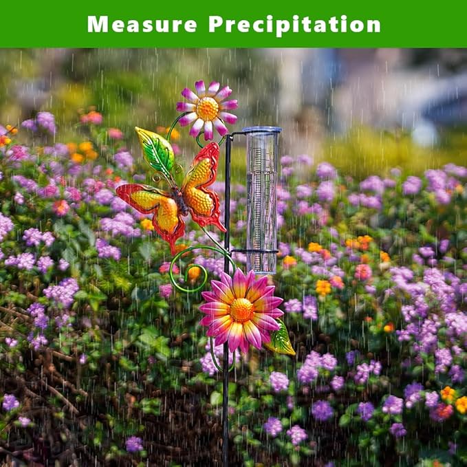 Rain Gauge Outdoor, Butterfly Rain Gauge, Decorative Rain Measure Gauge with Metal Stake, 7" Tube Rain Measure Tool for Yard