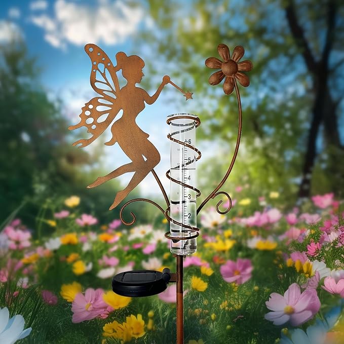 HONGLAND Rain Gauge Outdoor with Solar Lights - Metal Fairy Stakes & Replaceable Glass Tube - Garden Rain Gauge Decorations for Patio, Balcony, Yard, Lawn - Unique Holiday Gift Ideas