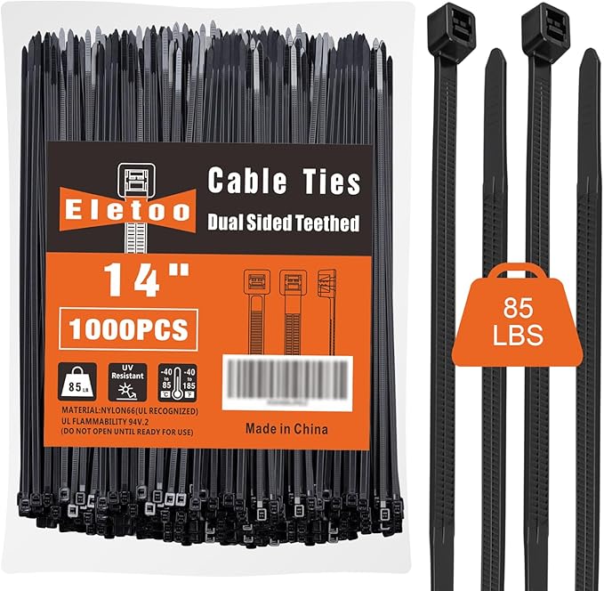 14 inch Black Zip Ties (1000 Pack), 2025 New Patented Design, 85 LBS Tensile Strength, Self-Locking Nylon PA66 UV Resistant Cable Ties for Indoor and Outdoor Use