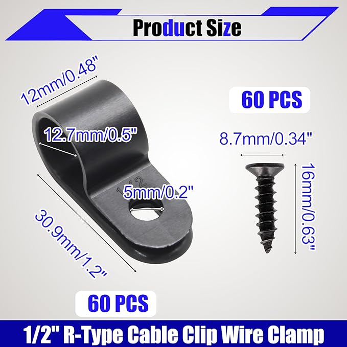 60 Pcs R-Type Cable Clip Wire Clamp, 1/2 Inch Nylon Cable Clamp Rope Light Mounting Clips Wire Fasten with 60 Screws for Wire Management and Cable Management