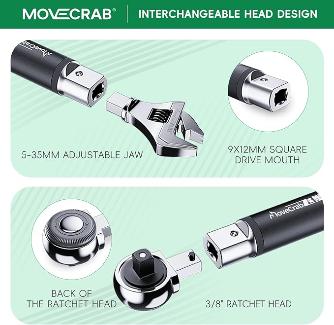 3/8-Inch Digital Torque Wrench with Interchangeable Heads - Precision Adjustable Torque Wrench with Ratchet & Adjustable Open-End Heads, 6.8-135N.m/5-99.6Ft.lb (9×12mm 3/8")