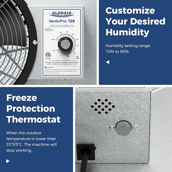 ALORAIR 720 CFM High Flow Powered Crawl Space Ventilation Fan, IP55 Rated 10" Basements Vent Fan with Freeze Protection Thermostat & Dehumidistat, for Crawlspace, Garage, Basements, Attic, Exhaust
