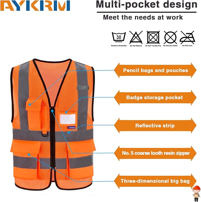 A-SAFETY High Visibility Mesh Safety Reflective Vest with Pockets and Zipper,Hi Vis Viz Reflective Safety Vest(Orange Mesh XL)