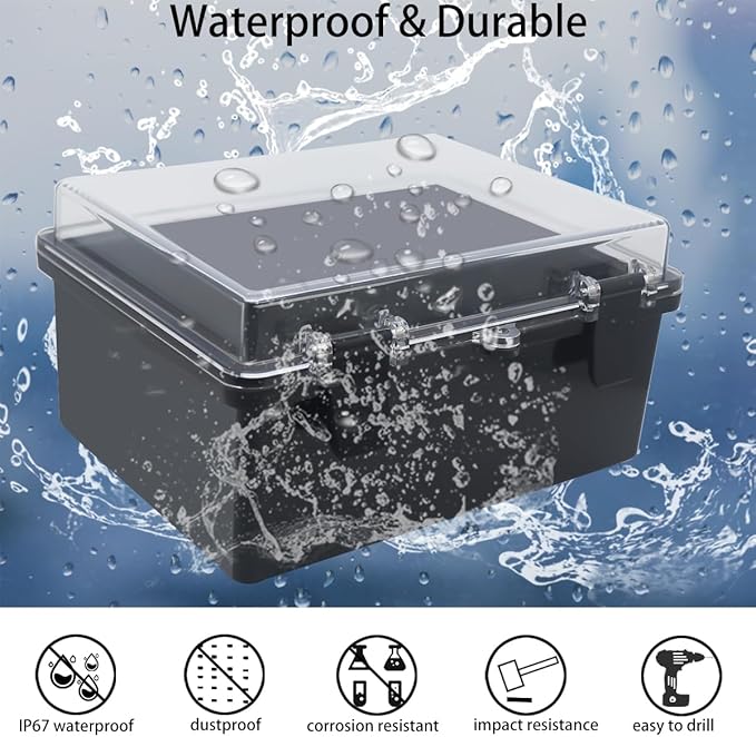 Junction Box, Hinged Black Clear Cover IP67 Waterproof ABS Project Box with Mounting Plate Electrical Box Enclosure with Wall Bracket 8.7 x 6.7 x 4.3inch(220x170x110mm)