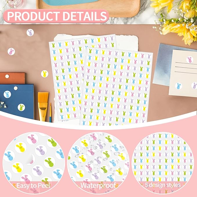 2400 Pcs Mini Easter Bunny Sticker for Kids,5 Colors Animal Adhesive Sticker for Planner Reward Envelope Scrapbook DIY Supplies,0.5 in