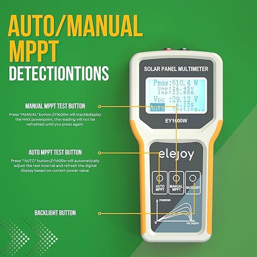 EY1600W Solar Panel Tester Multimeter, DC/AC Solar Panel Watt Meter, Photovoltaic Panel Solar Tracker, Auto & Manual MPPT Open Circuit Volt Current Troubleshoot Utility Tool, Backlit LCD (Upgrade)