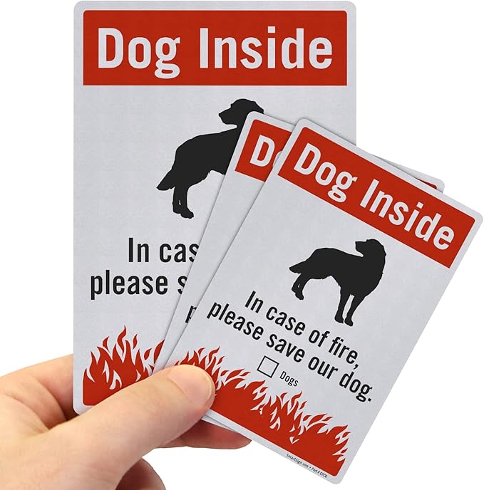 SmartSign (Pack of 3) “Dog Inside - in Case of Fire Please Save Our Dog” Pet Rescue Label Set, One 3.75"x5.5" & Two 2.75"x4" - Engineer Grade Reflective Decals, Red, Black and White, Made in USA