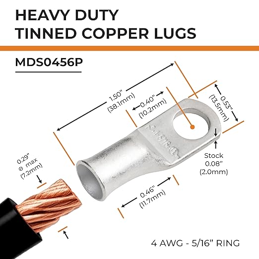 SELTERM 2pcs 4 AWG 5/16" Stud Tinned Copper Wire Lugs, Battery Lugs, Ring Terminals, Battery Cable Ends, 4 Guage Ring Terminal Connectors, UL Marine Grade Electrical Battery Terminal Connectors
