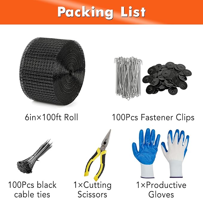 6in x 100ft Solar Panel Bird & Critter Guard Kit, Includes 100 Fastener Clips, 100 Cable Ties, Gloves, Pliers & PVC Coated Wire Mesh for Bird, Critters Control