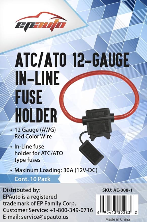 10 Pack - EPAuto 12V-DC ATC/ATO 12 AWG In-Line Fuse Holder for 30A fuses