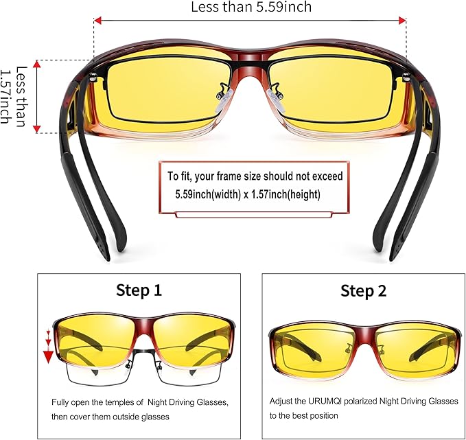 URUMQI Night Vision Driving Glasses Fit Over Eyeglasses for Men Women, Anti Glare Polarized Nighttime Glasses Yellow Lens