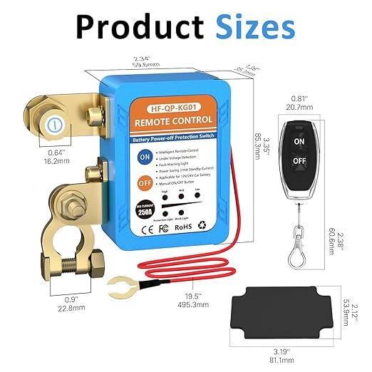 Kill Switch for Car, 12V/24V 250A Remote Battery Disconnect Switch Automatic Battery Shut Off Switch Voltage Protection Remote Control Anti Theft for RV ATV Truck Boat