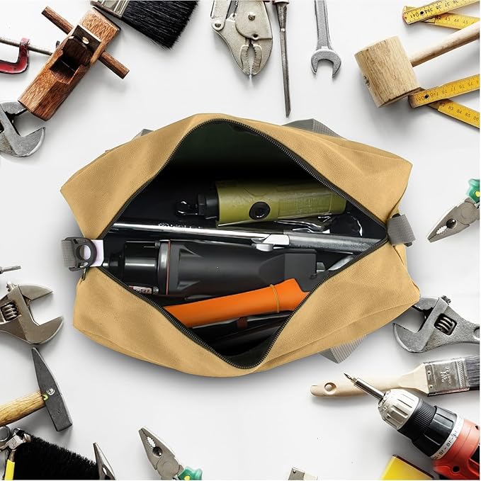 Small Tool Bag, Canvas Tool Storage Bag, Large Capacity Multipurpose Zipper Soft Tote Organizer Pouch for Electrician, Plumbing, Gardening,Tools Bags for Men (Khaki, 18 Inch)