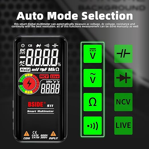 BSIDE Smart Digital Multimeter 9999 Counts Pocket Voltmeter, Rechargeable with 3 Results Display, Capacitance Diode Duty Cycle Resistance Hz V-Alert Voltage Tester