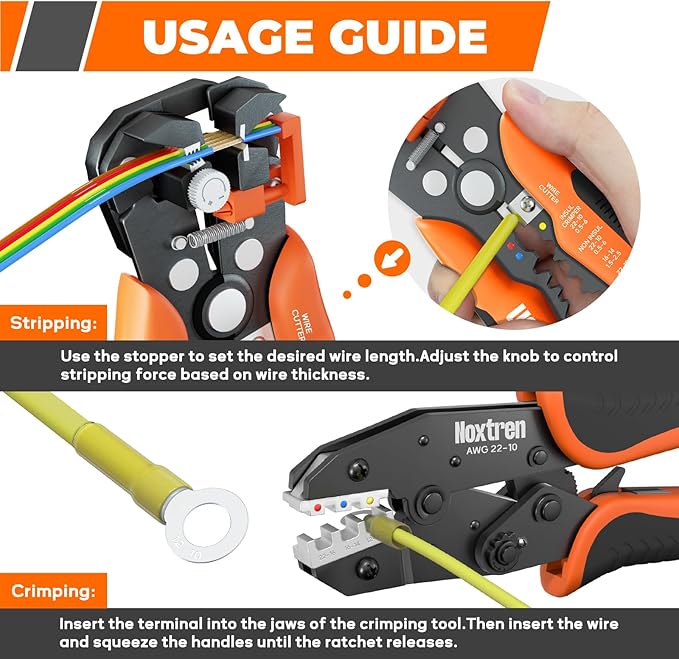 Wire Stripper and Crimping Tool, AWG 24-10 Self-Adjusting Stripper Tool with AWG 22-10 Ratcheting Wire Terminal Crimper for Heat Shrink Wire Connectors