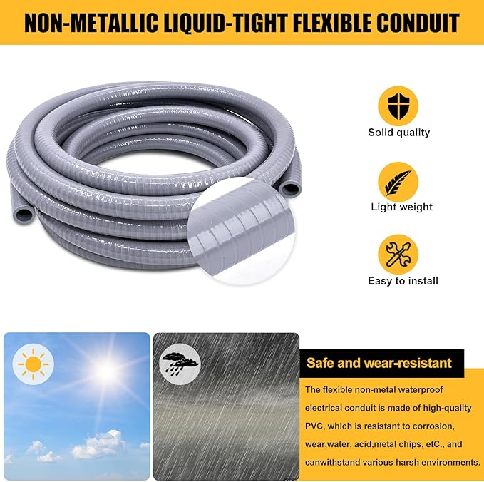 Liquid-Tight Conduit - 1inch 100 Foot Flexible Non Metallic Liquid Tight Electrical Conduit Kit, with 6 Straight and 4 Angle Fittings Included. 1" Dia