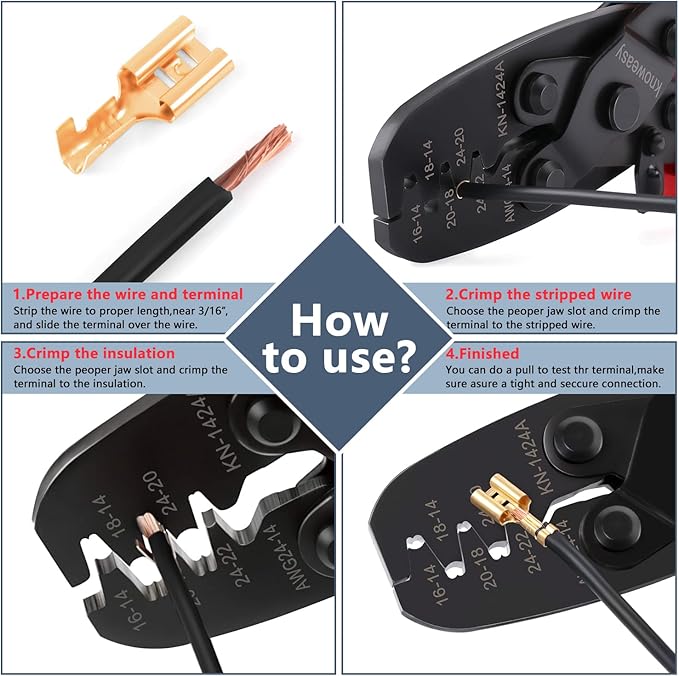 Knoweasy Molex Crimper and Delphi Crimper Compatible with Deutsch DT Series Stamped or Formed Contact,Molex, Delphi, Amp, Tyco, Harley, PC, Automotive - AWG 24-14 Wire Crimper 1424A