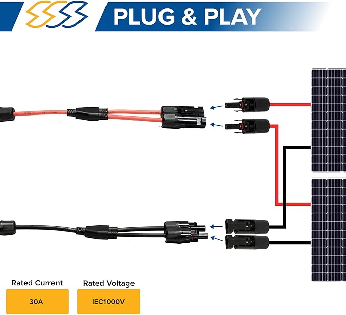 Pack of 2 Solar Y Branch Connectors - IP68 Waterproof Solar Panel Cable Connectors - Solar Branch Connector for Parallel Connection, Inspected & Kitted in The US, M/F (12 Awg Wire)