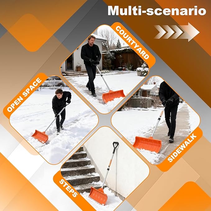 Snow Pusher, 24-inch Wide Snow Shovel for Driveway, Snow Removal Tool for Car Garage, Sidewalks and Doorways, Snow Pusher Shovel with Ergonomic Grip and Aluminum Strip, Orange