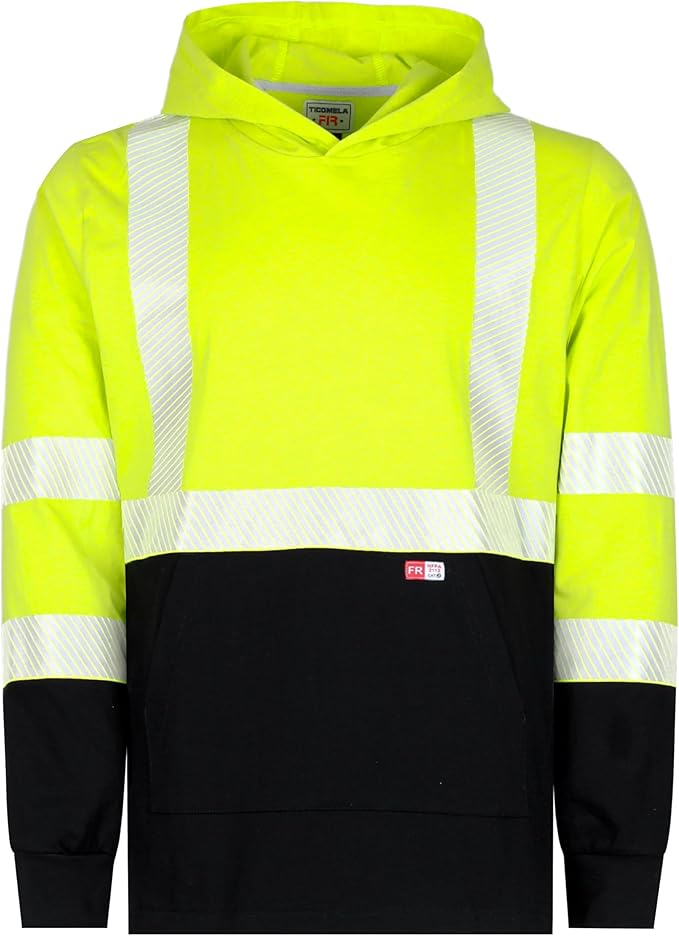 TICOMELA FR Shirts Pullover High Visibility 6oz Lightweight Hi vis Flame Resistant Reflective Hooded Work Shirt