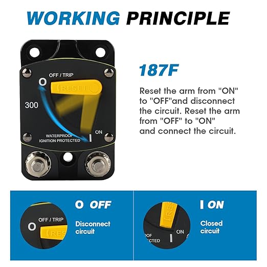 GLOSO Circuit Breaker Switches Manual Reset Waterproof Audio Radio Solar System Boat Truck Marine Automotive Stud 5/16“ Surface Mount 300A