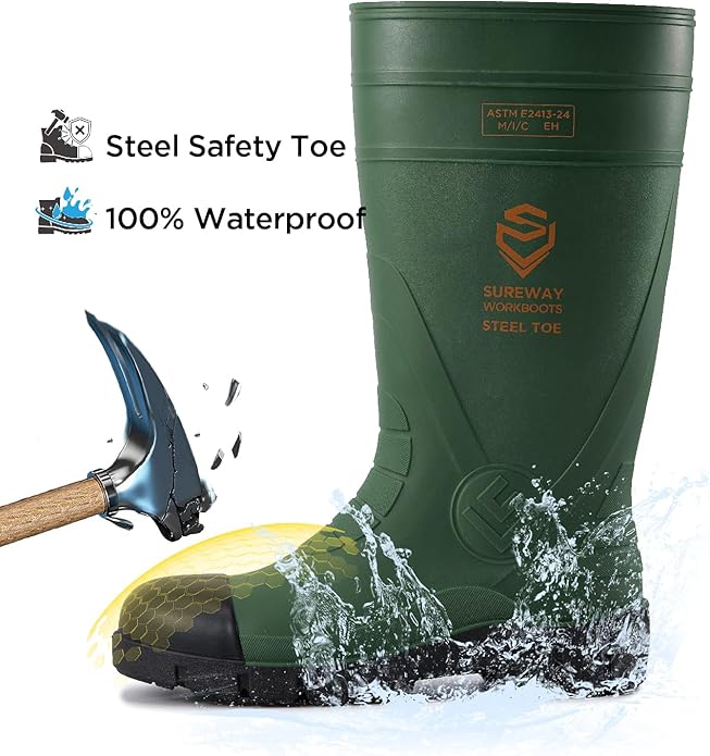 SUREWAY Steel Toe Rain Boots for Men, Knee High Waterproof Work Boots with Slip & Oil Resistant Outsole for Industrial, Construction, Agriculture