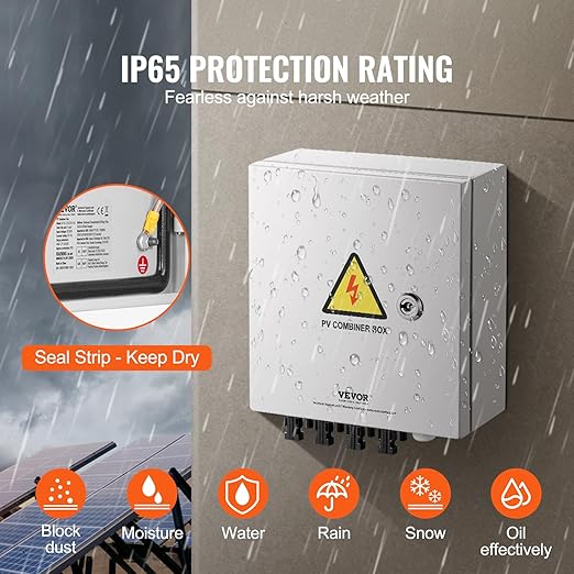 VEVOR PV Combiner Box, 4 String Metal Solar Combiner Box with 15A Rated Current Fuse 63A Circuit Breaker Lightning Arrester, Steel Case for On/Off Grid Solar Panel System, IP65