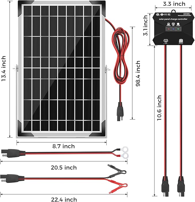 Voltset Solar Battery Trickle Charger: 10 Watt 12V Solar Panel Maintainer for Car Boat - Waterproof Monocrystalline Solar Charger with Controller for RV Marine Trailer Truck Motorcycle