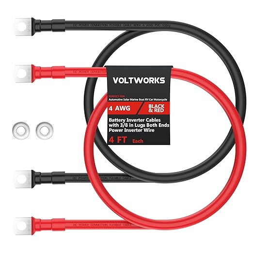 VOLTWORKS 4 AWG Gauge Red + Black Pure Copper Battery Inverter Cables Solar, RV, Car, Boat 4ft 3/8 in Lugs