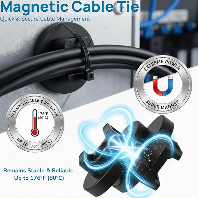 225 Pieces Magnetic Zip Tie Mount Set, 25 Magnetic Cable Tie with 200 Cable Ties, Strong Wire Management Cables Holder, Multipurpose Electrical Cord Holders Organizer (43mm)