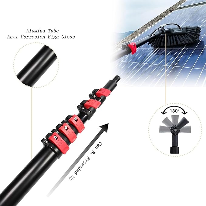 Water Fed Telescopic Brush, Photovoltaic Panel Cleaning Tool Water-Through Brush, Water Fed Brush Kit with Squeegee, Outdoor Solar Panel Cleaning System Pole 29cm-6m/20ft
