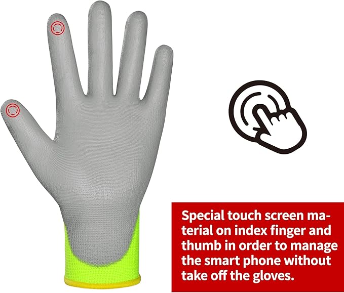 Safety Work Gloves PU Coated for Men and Women-12 Pairs,Hi-Vis Yellow Seamless Knit Glove with Two Fingers Touchscreen,Ideal for General Duty Work (Small)