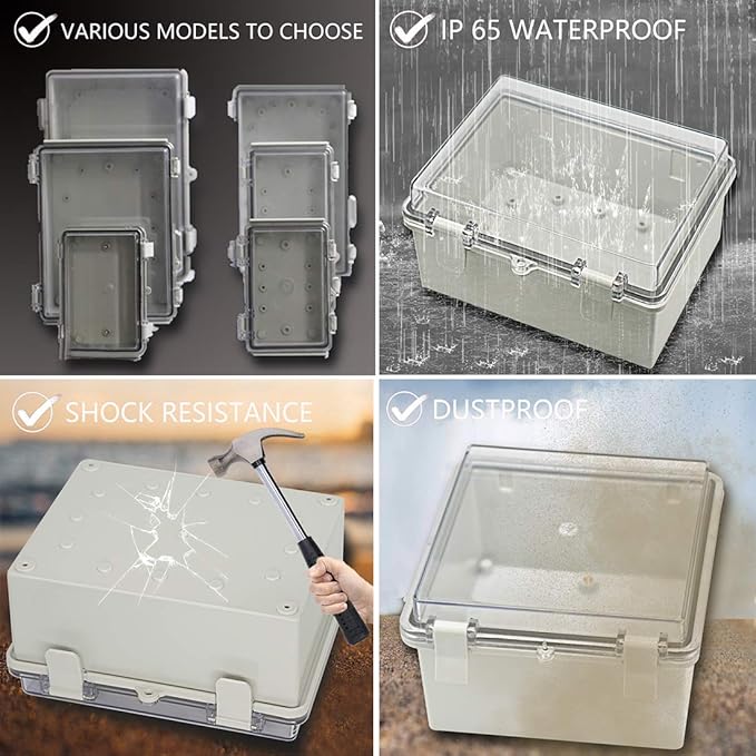 Zulkit Junction Box ABS Plastic Dustproof Waterproof IP65 Electrical Boxes Hinged Shell Outdoor Universal Project Enclosure Clear Cover with 2 Cable Glands 8.7 x 6.7 x 4.3 inch (220x170x110 mm)