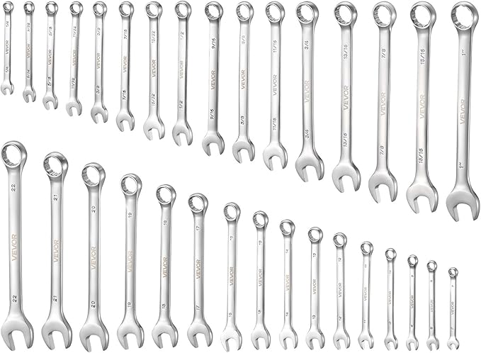 VEVOR Combination Wrench Set, 32-Piece SAE and Metric, 12-Point Box End and 15° Angled Open End Combination Wrenches with Roll Up Pouch, Carbon Steel, for General Household and Automotive Repairs
