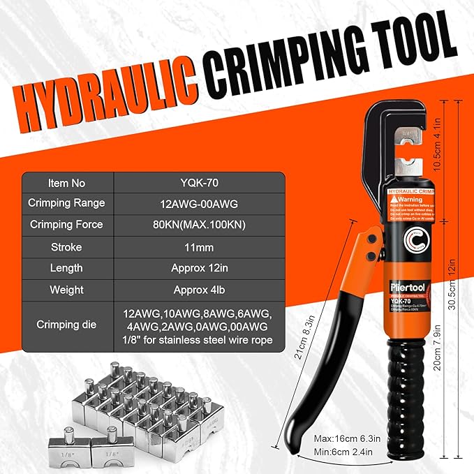 10 Ton Hydraulic Battery Cable Crimper with Spring-Loaded Handle & 9 Dies Battery Cable Lug Wire Crimping Tool for 12-2/0 AWG, 1/8" Stainless Steel Railing, Marine & Electrical Terminals