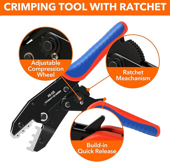 Crimping Tool for Heat Shrink Connectors, Amliber Ratcheting Wire Crimper Tool - Crimping Pliers - Electrical Crimping Tool AWG22-10 For Insulated Nylon and Wire Connectors