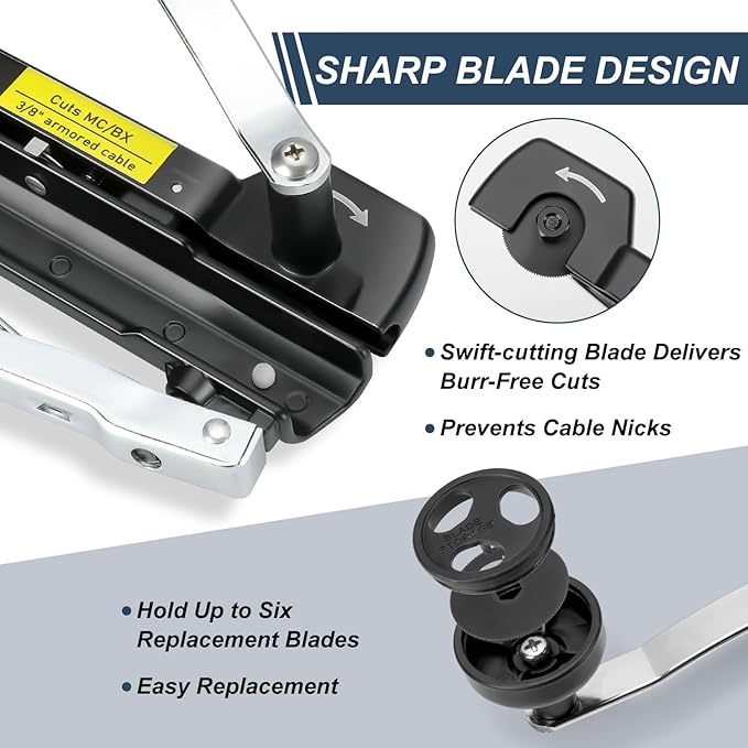 MC Cable Cutter, Cuts 3/16" to 7/10" BX/MC Cable, 53725 Cable Cutters with Blades Storage