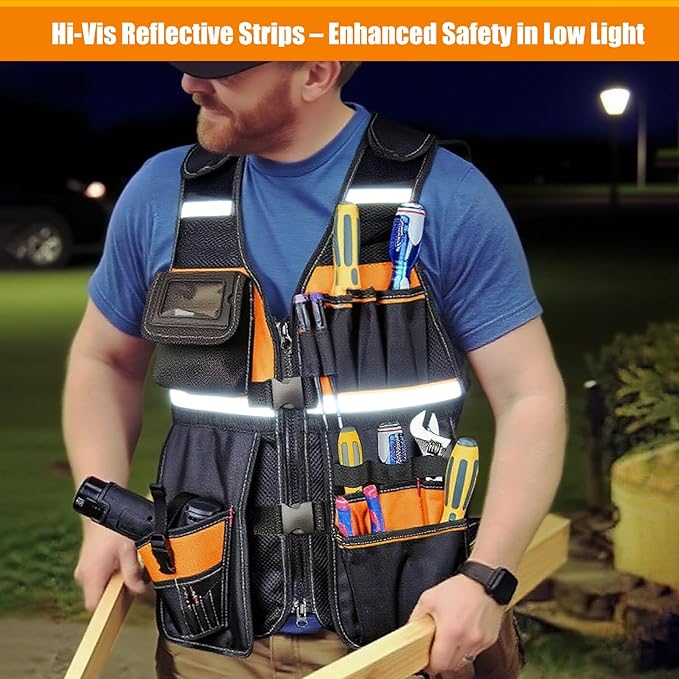 Electrician Tool Vest for Men, Tool Vest Electrician with Molded Drill Holster, 1680D Heavy Duty Adjustable Work Vest, Reflective Workwear with 16 Storage Spaces (Orange)