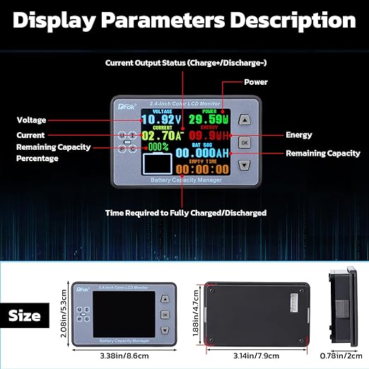 DROK Digital Multimeter, DC 8-100V 100A Battery Monitor 12V 24V 36V 48V 60V Volt Amp Watt Meter, Big Color Screen LCD Display Capacity Time Power Voltmeter Ampmeter for RV Solar Panel Battery Charge