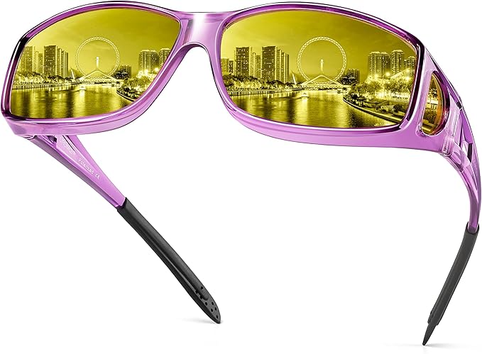 URUMQI Night Vision Driving Glasses Fit Over Eyeglasses for Men Women, Anti Glare Polarized Nighttime Glasses Yellow Lens