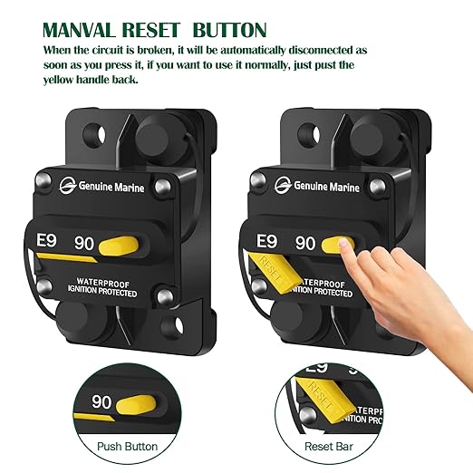 LENKRAD 90 Amp Marine Circuit Breaker Resettable 90A with Manual Reset Switch Button for Boat, Trolling, RV, Yacht, 12V - 48V DC, Waterproof, Surface Mount(90 Amp Boat Circuit Breaker)