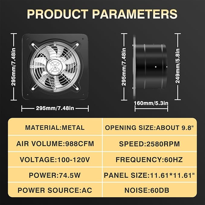 Exhaust Fan Stainless Steel Ventilation Fan with Switch Wall mounted Bathroom fan with check valve for Kitchen, Workshop, Basement (Black, 10 inch)