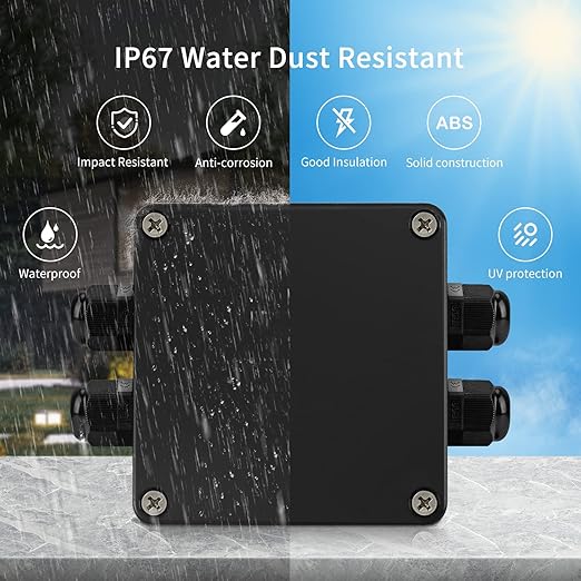 ABS IP67 Waterproof Dustproof Electrical Junction Box, with 15A 600V Barrier Terminal Cable Connector, 2 in/2 Out Power Junction Box（3.26 * 3.18 * 2.2in）