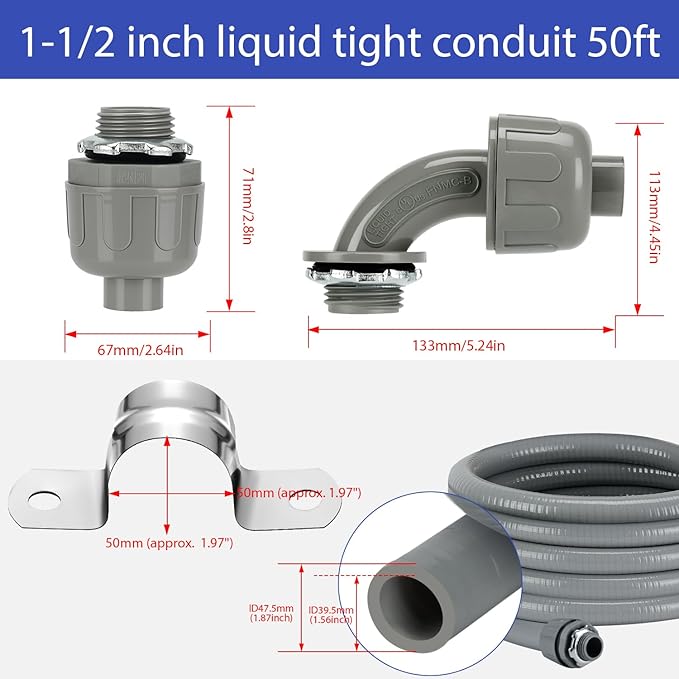 Liquid-Tight Conduit Connector Kit,Flexible Non Metallic Liquid Tight Electrical Conduit Kit,Waterproof Outdoor Electrical Conduit Pipe,Straight/Angle Fittings,Clamps (1-1/2 in x 50 ft)