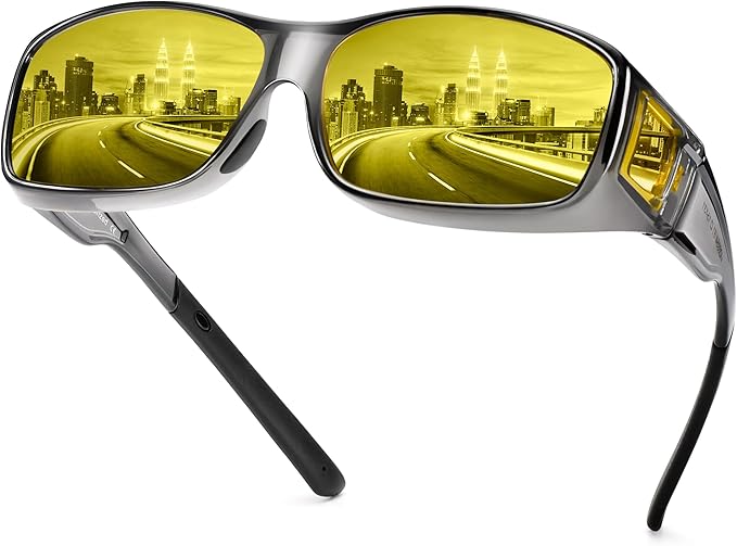 URUMQI Night Vision Driving Glasses Fit Over Eyeglasses for Men Women, Anti Glare Polarized Nighttime Glasses Yellow Lens