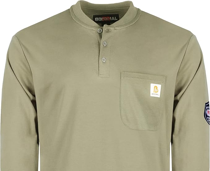 BOCOMAL FR Shirts Henley 7oz Midweight Fire Resistant Clothing NFPA2112 CAT2 Men's Flame Retardant Work Shirt