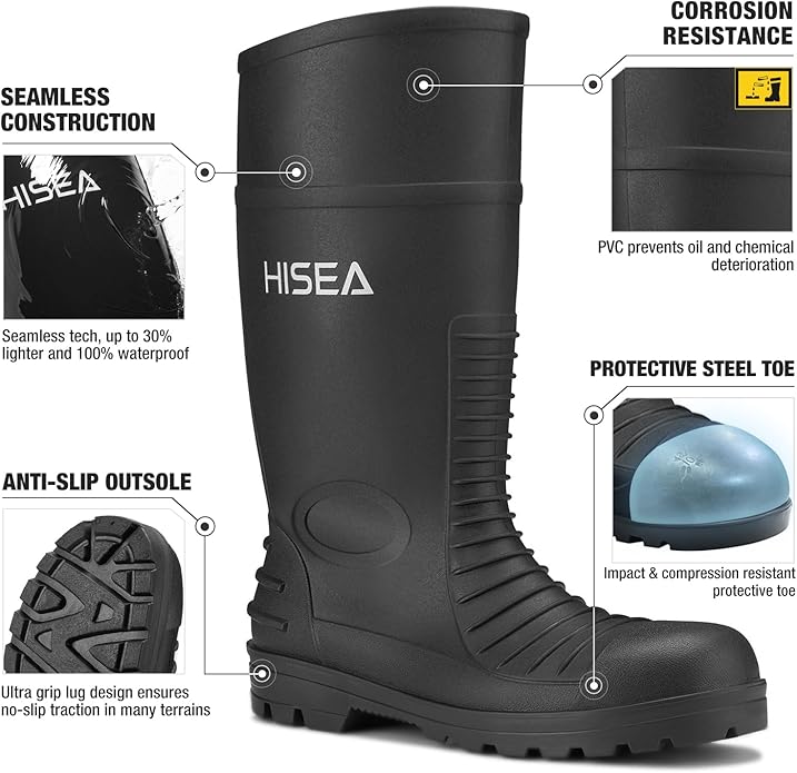HISEA Men's Steel Toe Rain Boots PVC Rubber Boots, Waterproof Garden Fishing Outdoor Work Boots, Durable Slip Resistant Knee Boots for Agriculture and Industrial Working