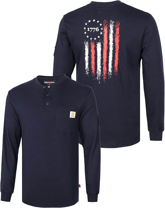 BOCOMAL FR Shirts Henley 7oz Midweight Fire Resistant Clothing NFPA2112 CAT2 Men's Flame Retardant Work Shirt